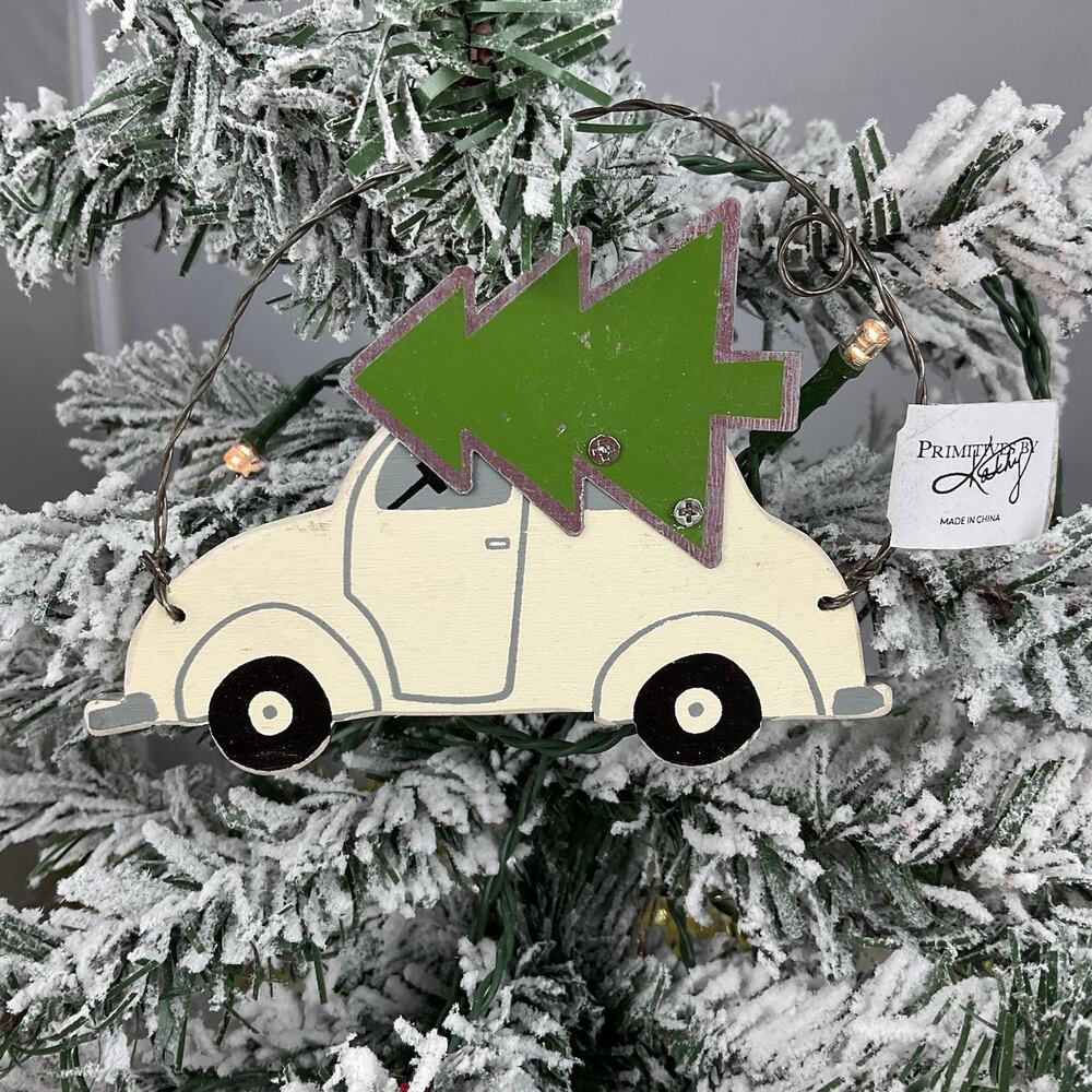 Christmas Ornament-Wood Car Holding Metal Green Christmas Tree